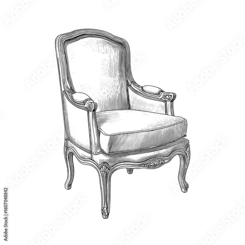 Design a modern chair with a linear black outline on a white background, highlighting its upholstered features and modern silhouette as a relaxing piece of furniture