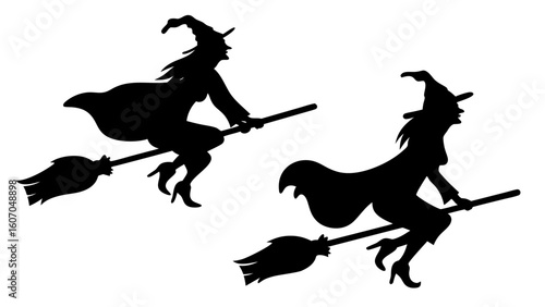 Set Of Flying Witch Silhouettes on Broomsticks