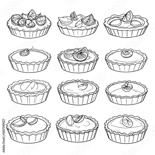 Collection of hand-drawn fruit tartlets in a black and white line art style, featuring assorted toppings and fluted crusts.