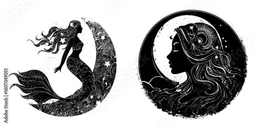 A beautiful mermaid silhouette is depicted in profile with a crescent moon and stars isolated, making for a boho chic tattoo, sticker, or print design in a modern illustration style