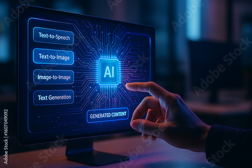 AI technology concept with virtual interface showing global internet connection, ChatGPT interaction, and smart commands for generating content, images, and speech via artificial intelligence
