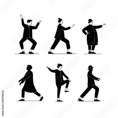 Monochrome illustrations of old men and women, including sporty retirees and grandparents, highlight the importance of a healthy active lifestyle through morning exercises and gymnastics for elderly