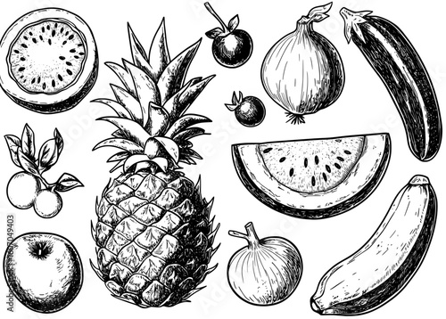 A modern image featuring a set of hand-drawn graphic elements for a menu, showcasing various vegetarian foods like berries, citrus fruits, and vegetables