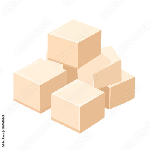 A small pile of smooth, beige tofu cubes, freshly diced and stacked together.