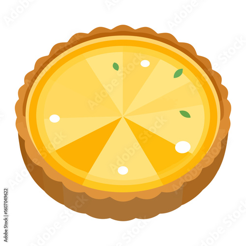 Isometric illustration of a whole lemon tart with a fluted crust and geometric slices.
