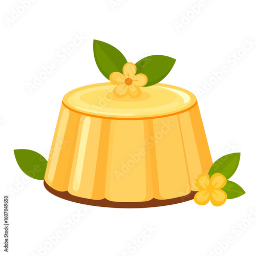 Molded yellow vanilla pudding with a glossy top, garnished with small yellow flowers and fresh green leaves.