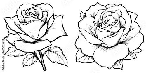A stylized flower symbol of a rose serves as an outline hand drawing icon and decorative element for wedding and birthday designs that incorporate lettering