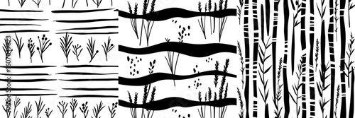The grass field serves as the backdrop for a seamless texture pattern of hand-drawn herbs, illustrated in a modern yet vintage style