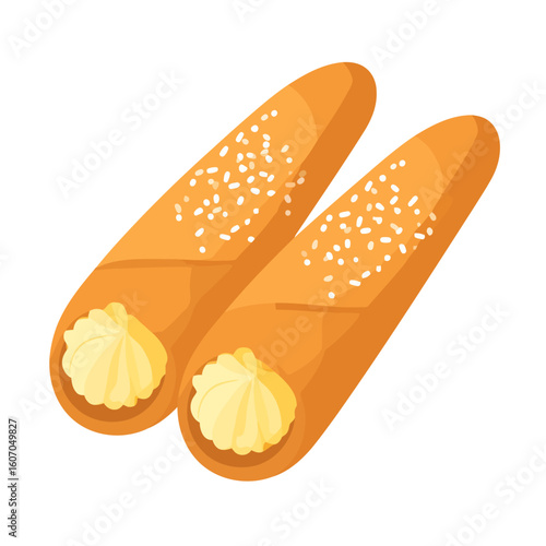 Two golden baked pastry rolls filled with swirled cream and topped with white sprinkles.