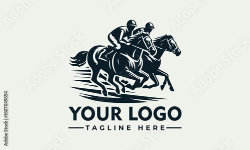Two jockeys racing on horseback, depicted in a stylized, dynamic logo design.
