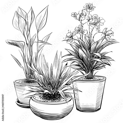 The ecology concept is represented through modern hand-drawn illustrations of houseplants in flowerpots, with black and white sketch outlines, isolated on a white background, which serve as design