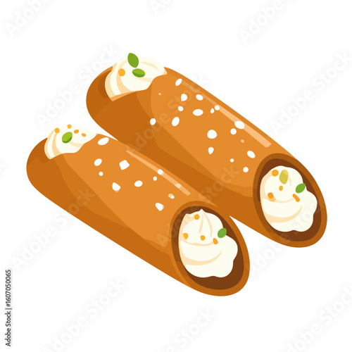 A pair of classic Italian cannoli with sweet ricotta cream and pistachio garnish.