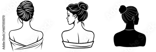 Modern illustration of a naked woman standing with her back turned, rendered in a single line drawing on a white isolated background