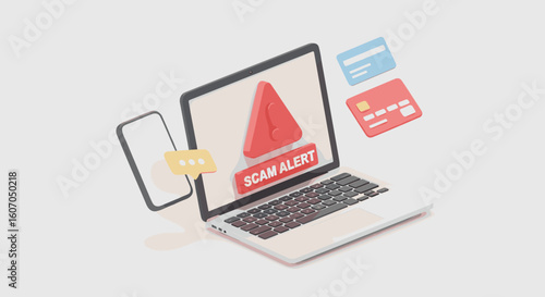 Digital security alert with 3d symbols for scam prevention on devices