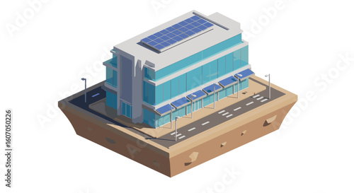 Modern isometric building with solar panels on a suspended platform