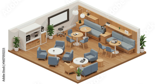 Modern office lounge in isometric design with cozy furniture and minim