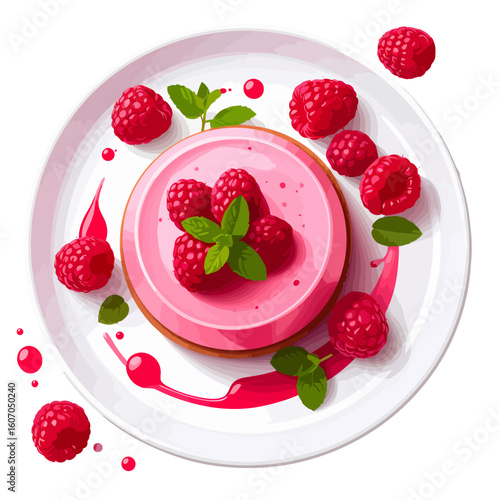Elegant pink raspberry mousse dessert with fresh berries, mint, and coulis on a plate.