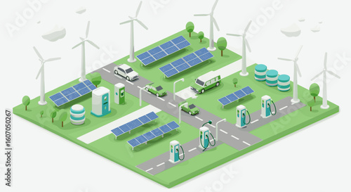 Sustainable energy future with solar panels, wind turbines, and electr