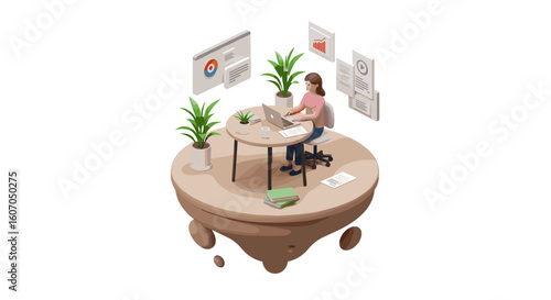 3d office workspace with woman using laptop and analyzing data charts