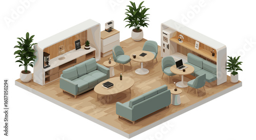 Modern isometric office lounge with cozy seating and indoor plants
