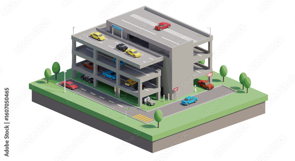 Isometric multi-level parking structure with cars and lush greenery Isometric multi-level parking structure with cars and lush greenery