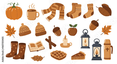 Cozy autumn flat vector icon set, 15 warm elements