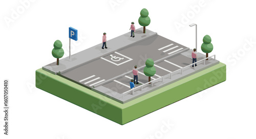 Isometric urban parking lot with people and trees in 3d