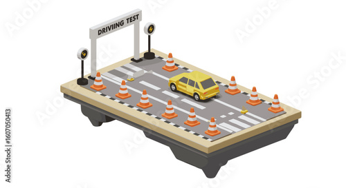 Isometric car driving test scene with traffic cones and road sign