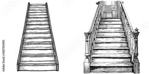 Modern isolated sketch illustration of staircase stairs in black and white graphic