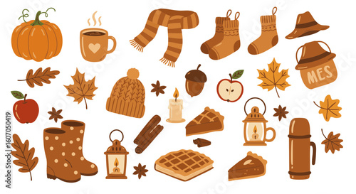 Cozy autumn flat vector icon set, 15 warm elements