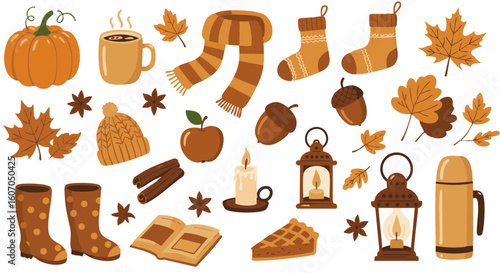 Cozy autumn flat vector icon set, 15 warm elements