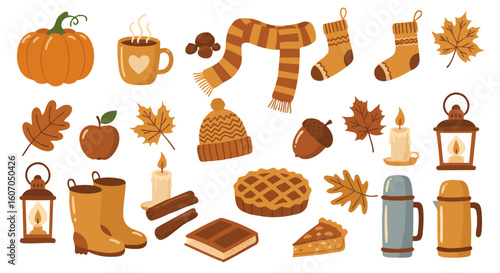 Cozy autumn flat vector icon set, 15 warm elements