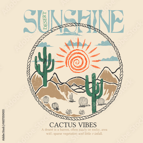 Desert sunshine slogan summer t shirt design for womens. desert tee. vintage womes clothing graphics art. hand drawing desert art.