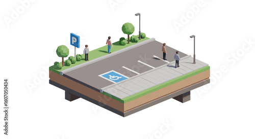 Isometric urban parking lot with walkway and greenery