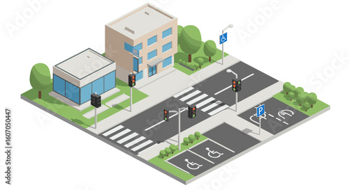 Isometric city scene with buildings, crosswalk, and accessible parking