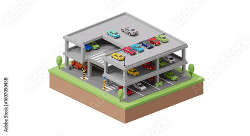 Colorful isometric parking garage with multilevel cars and lush greene