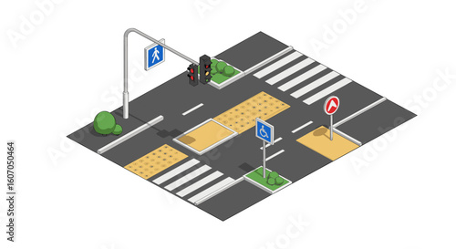 Isometric city intersection with traffic signals and walkways