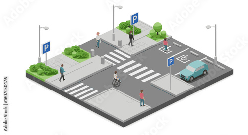 3d urban street scene with pedestrians and accessible parking