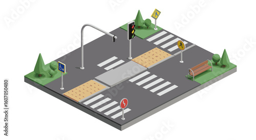 Isometric urban crosswalk scene with traffic signals and signage