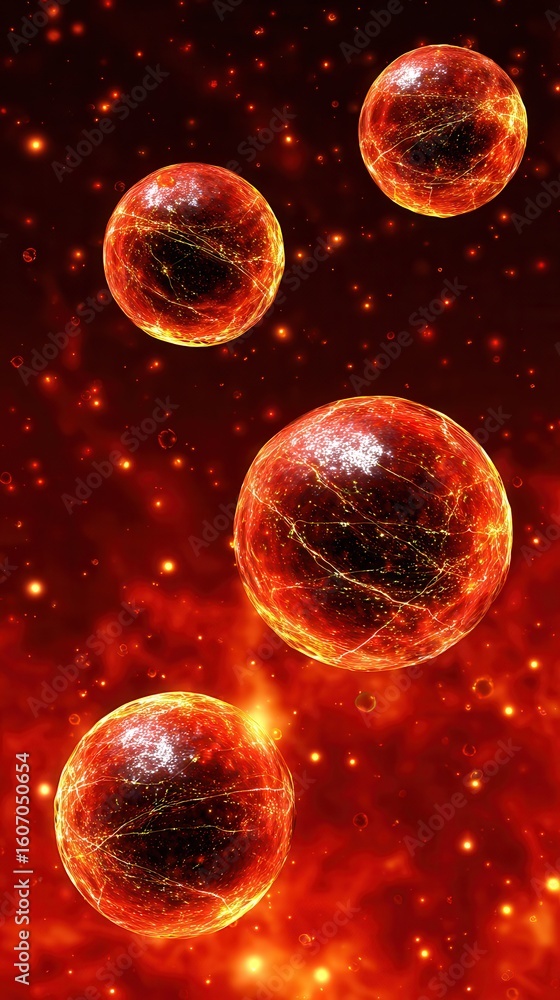 Fototapeta premium Fiery abstract representation of glowing red spheres in space