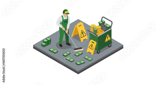 Isometric worker cleaning money surrounded by cash and warning signs