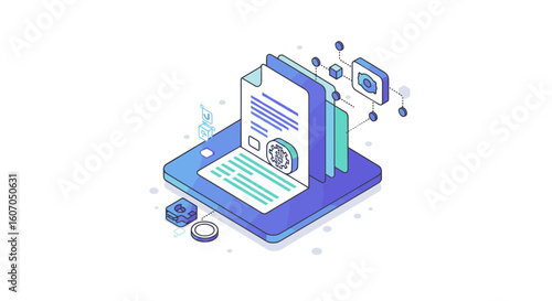 Isometric digital transformation concept with documents and data visua