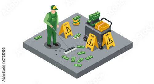 Isometric janitor cleaning money with cart and caution signs on floor