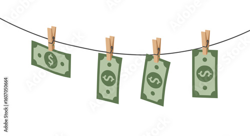Flat style dollar bills hanging on clothesline with clothespins