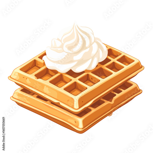 Illustrated stack of two golden Belgian waffles topped with a generous swirl of whipped cream.