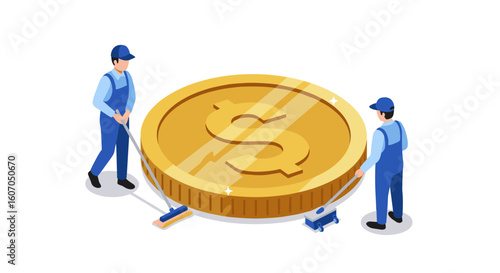 Workers polishing a giant coin in isometric art style