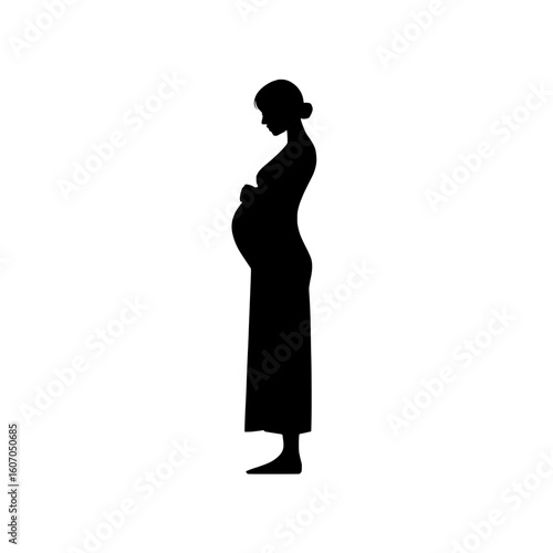 This modern illustration features a flat design of a pregnant woman represented by a silhouette icon
