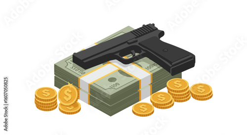 Isometric gun on cash and coins: crime and wealth concept illustration