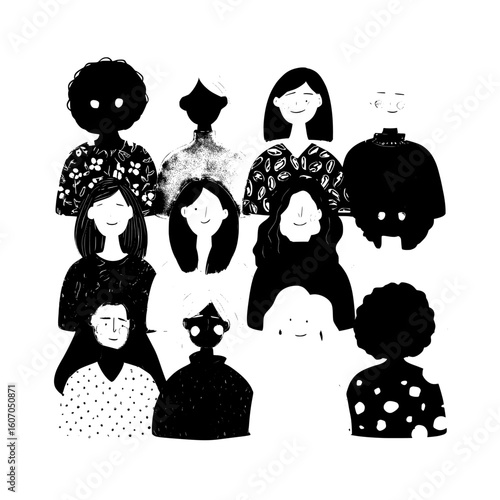 A modern illustration set in flat design style showcases diverse women faces, including those with white hair, symbolizing the powerful woman movement through abstract art