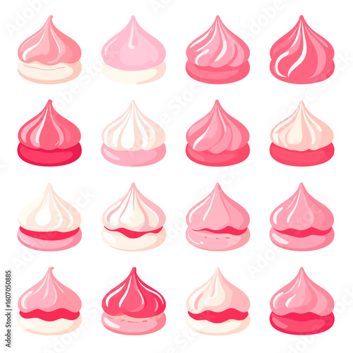 Collection of pink and white swirled meringue kisses and sandwich cookies. A sweet dessert assortment with piped cream.